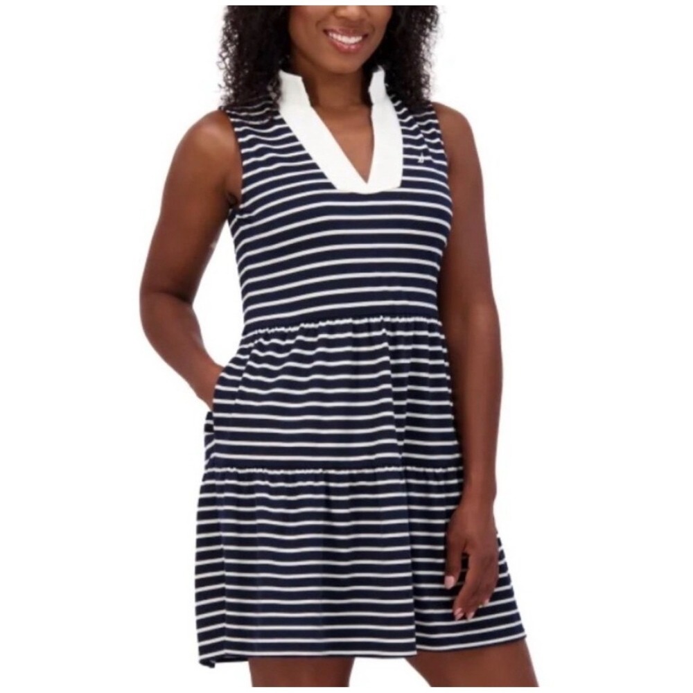 NAUTICA Tiered Mini Dress Womens Large Navy White Striped Sleeveless Pockets NWT - Picture 12 of 16